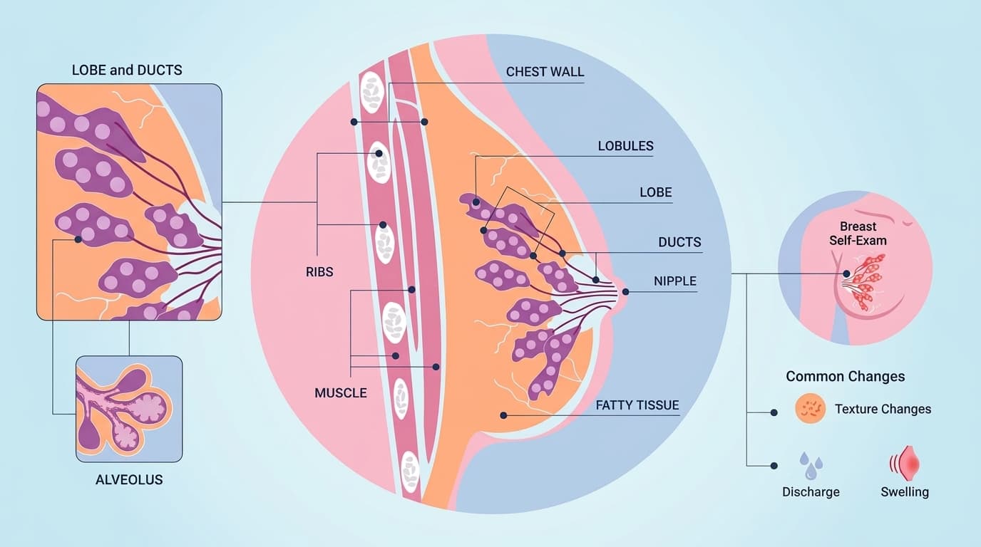 Labelled diagram of breast anatomy showing lobules, ducts, nipple, areola, and surrounding fat and tissue