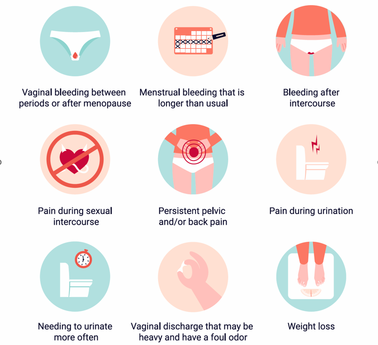 Visual symptoms guide: abnormal bleeding, unusual discharge, pelvic pain, pain during intercourse, urinary symptoms, and unexplained weight loss