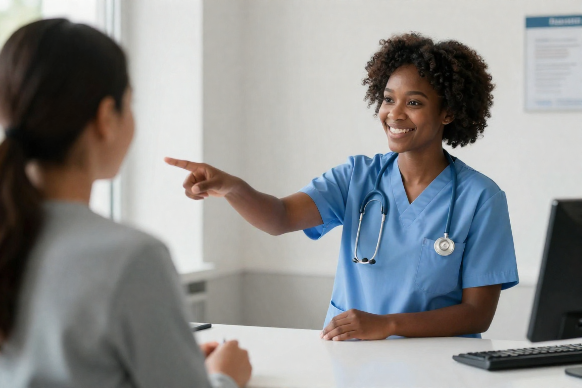 A nurse at a clinic reception desk, ready to help patients